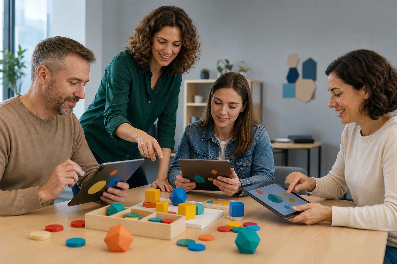Formadora guía un taller de aprendizaje móvil y gamificación con tabletas.