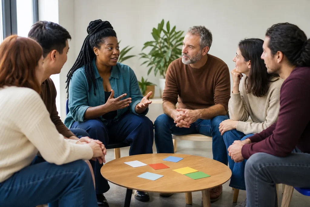 Facilitadora guía un diálogo intercultural con un grupo diverso de personas adultas.