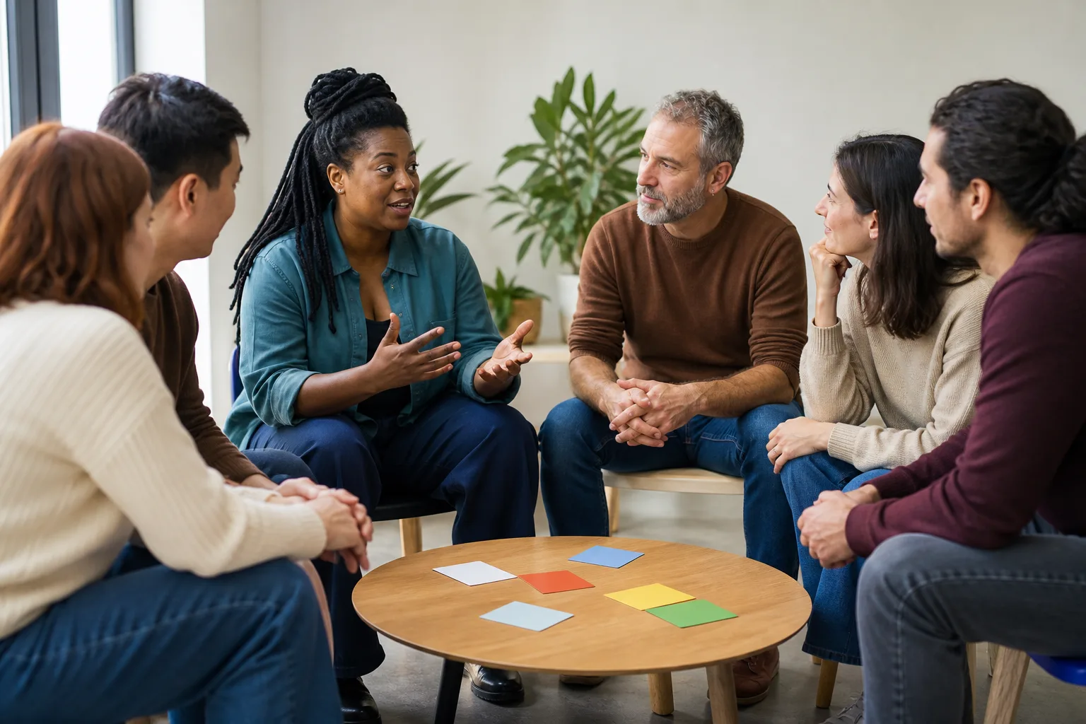Facilitadora guía un diálogo intercultural con un grupo diverso de personas adultas.