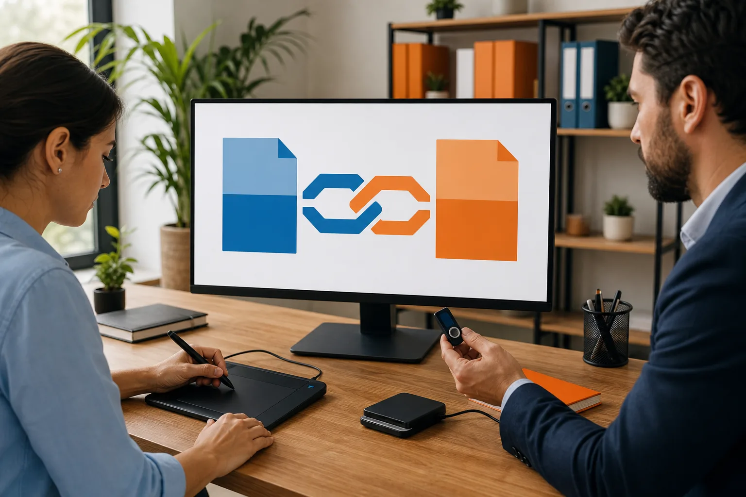 Profesionales aplicando firma digital y certificado a una factura electrónica