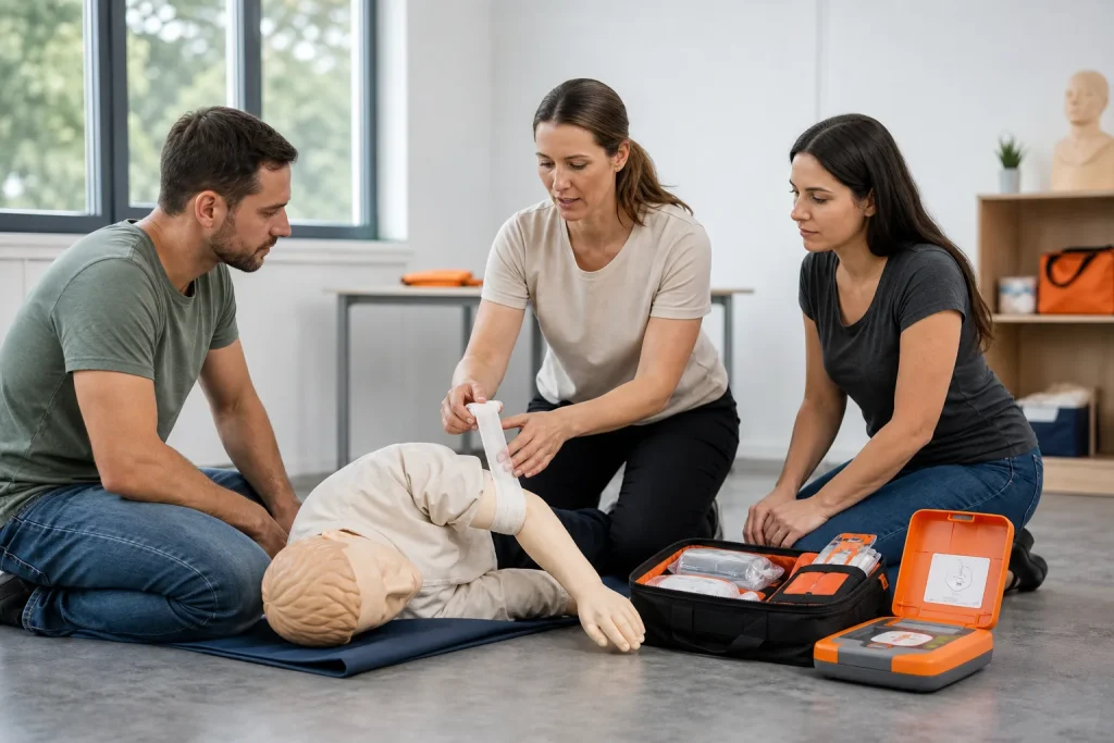 Participantes practicando un vendaje de primeros auxilios con un maniquí