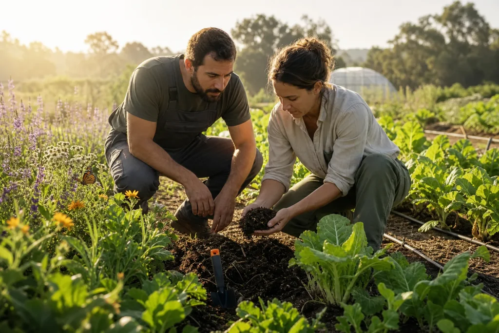 Agricultores examinando el suelo vivo de un cultivo ecológico