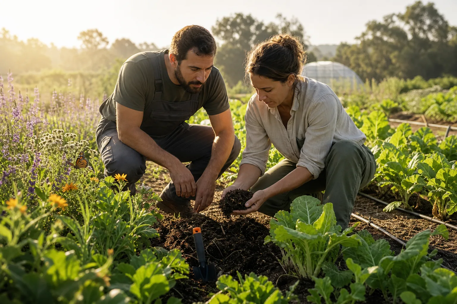 Agricultores examinando el suelo vivo de un cultivo ecológico