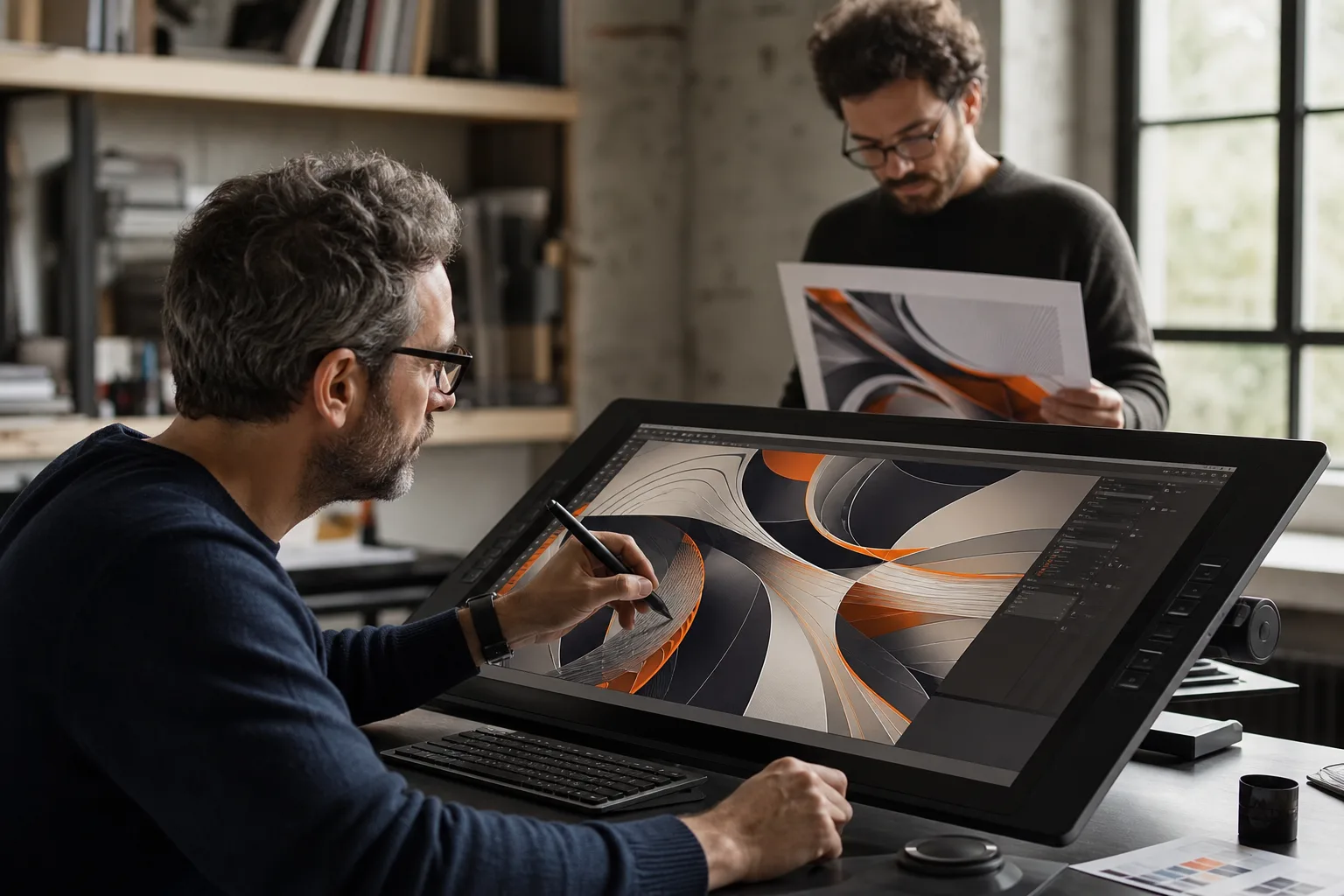 Diseñadores refinando una ilustración vectorial avanzada en una pantalla gráfica