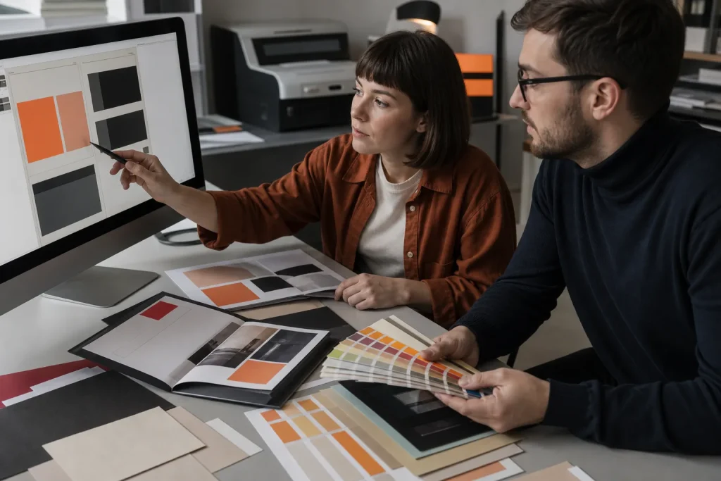 Profesionales revisando maquetas, pruebas de color y materiales de impresión