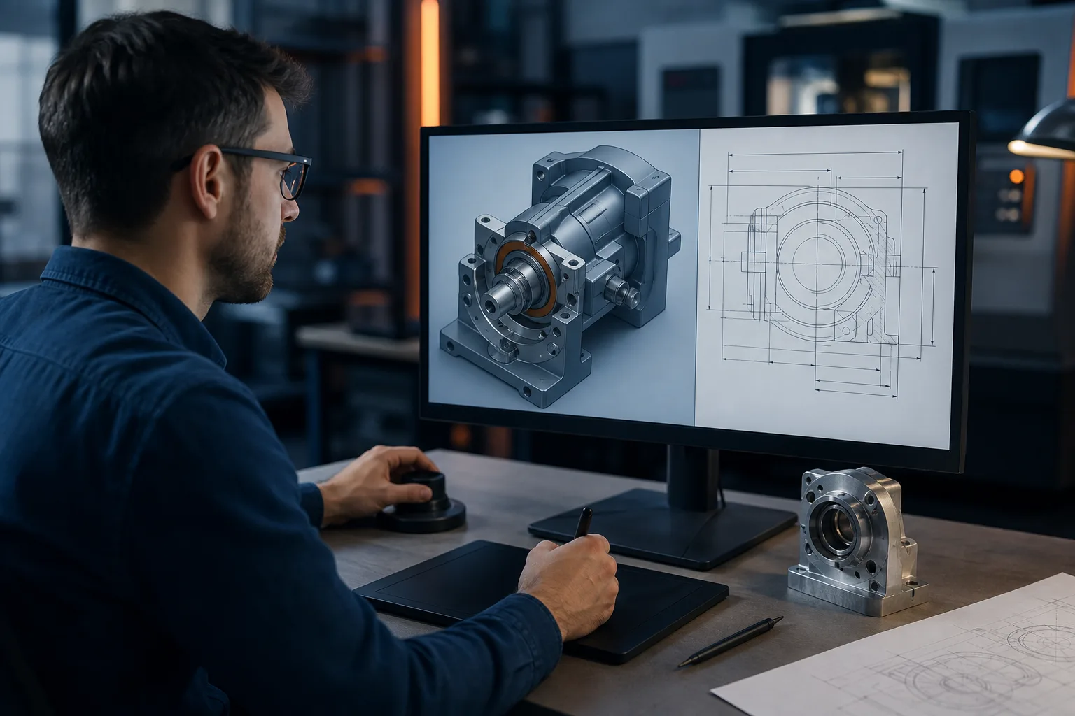 Ingeniero comparando un modelo mecánico tridimensional con su plano técnico