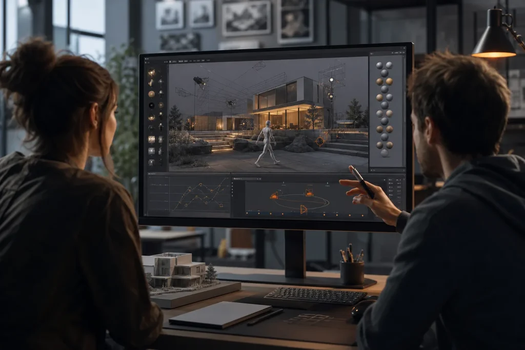 Artistas revisando modelado, iluminación y animación de una escena tridimensional