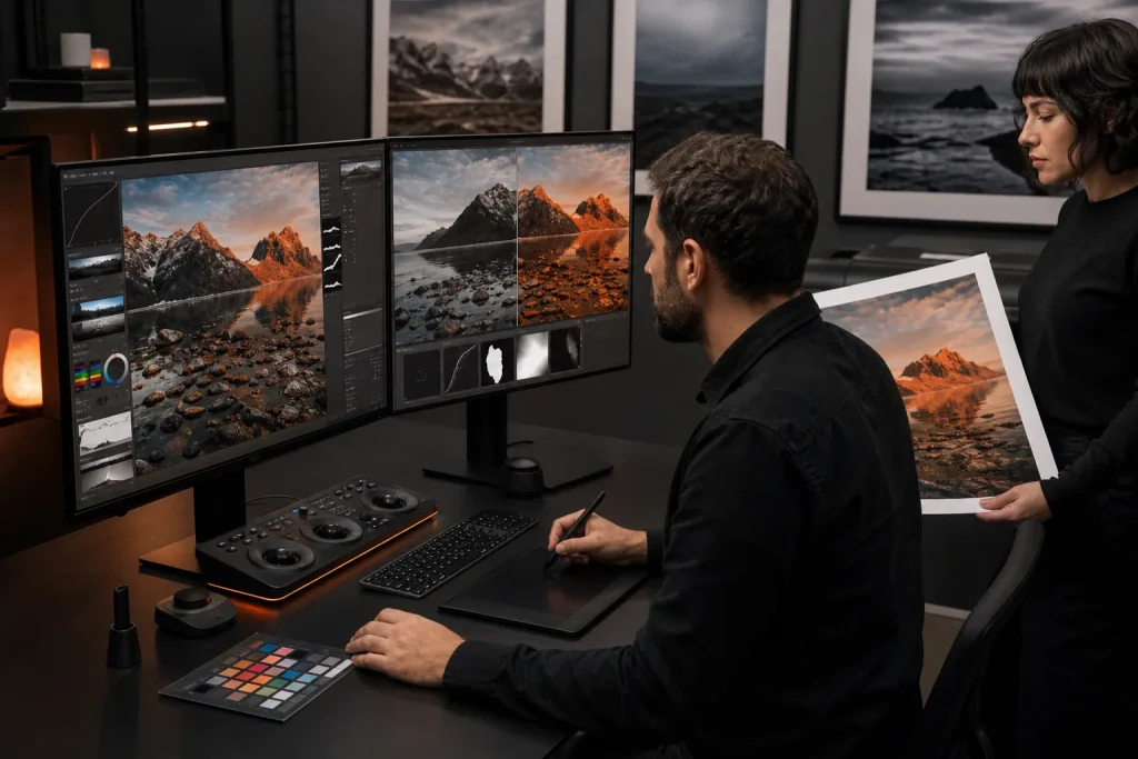 Profesionales realizando retoque avanzado y gestión de color de una fotografía