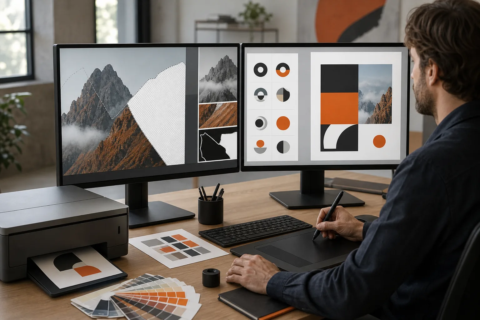 Diseñador integrando edición fotográfica, vectores y maquetación digital