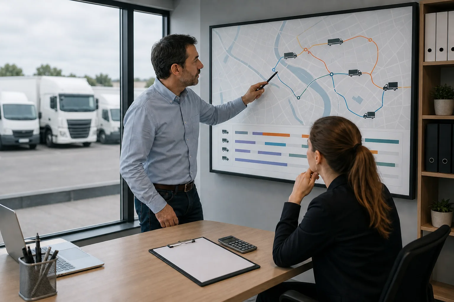 Equipo de transporte planificando rutas y horarios de una flota empresarial