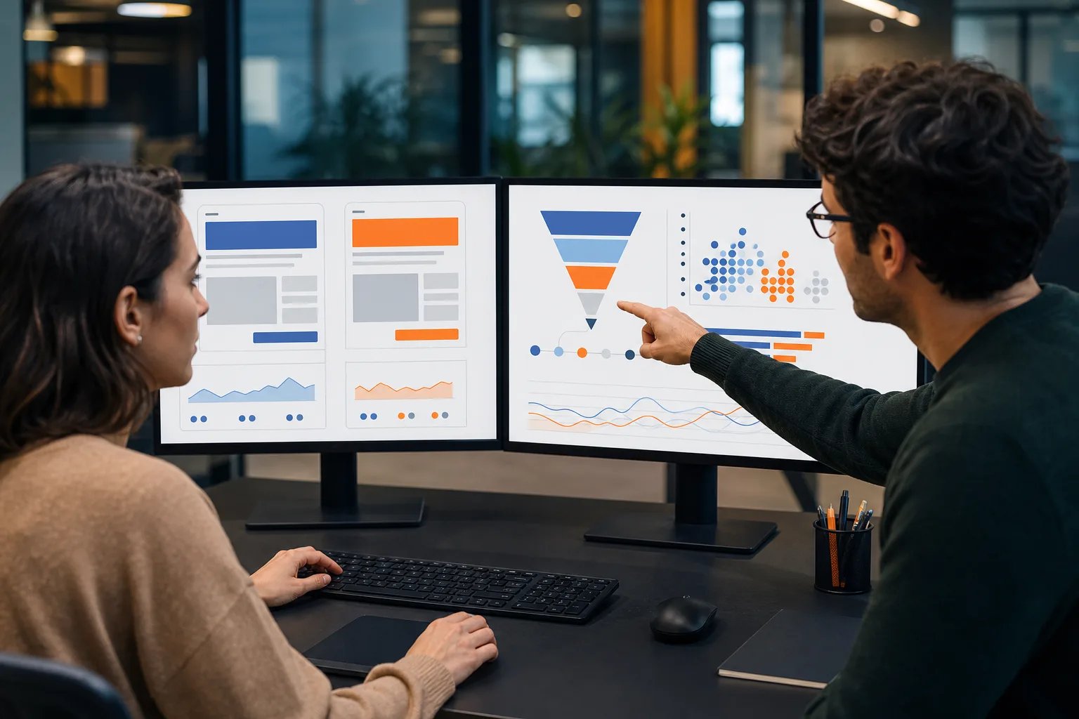 Analistas comparando variantes web, embudos de conversión y resultados de marketing