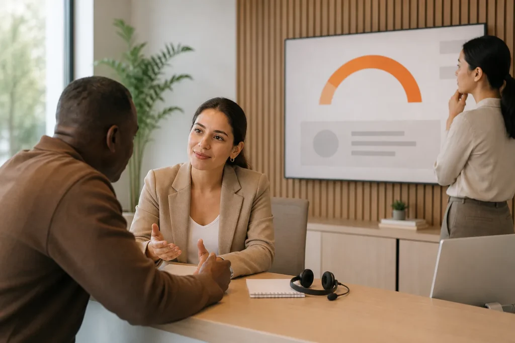 Profesional escuchando a un cliente para resolver su consulta con empatía