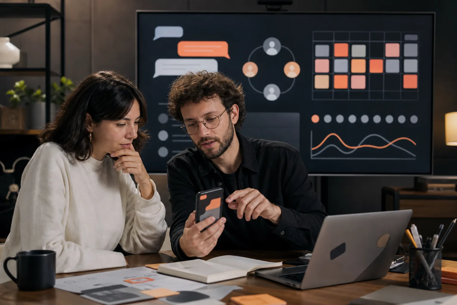 Equipo planificando contenidos, moderación y participación de una comunidad virtual