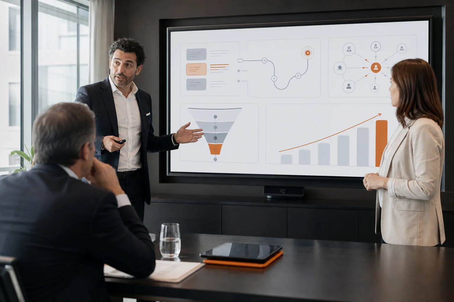 Consultores presentando una estrategia digital orientada a captar clientes profesionales
