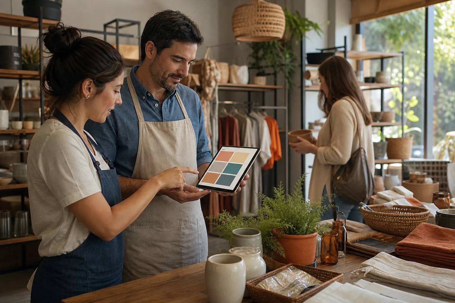 Comerciantes revisando la presentación y las acciones de marketing de una tienda local