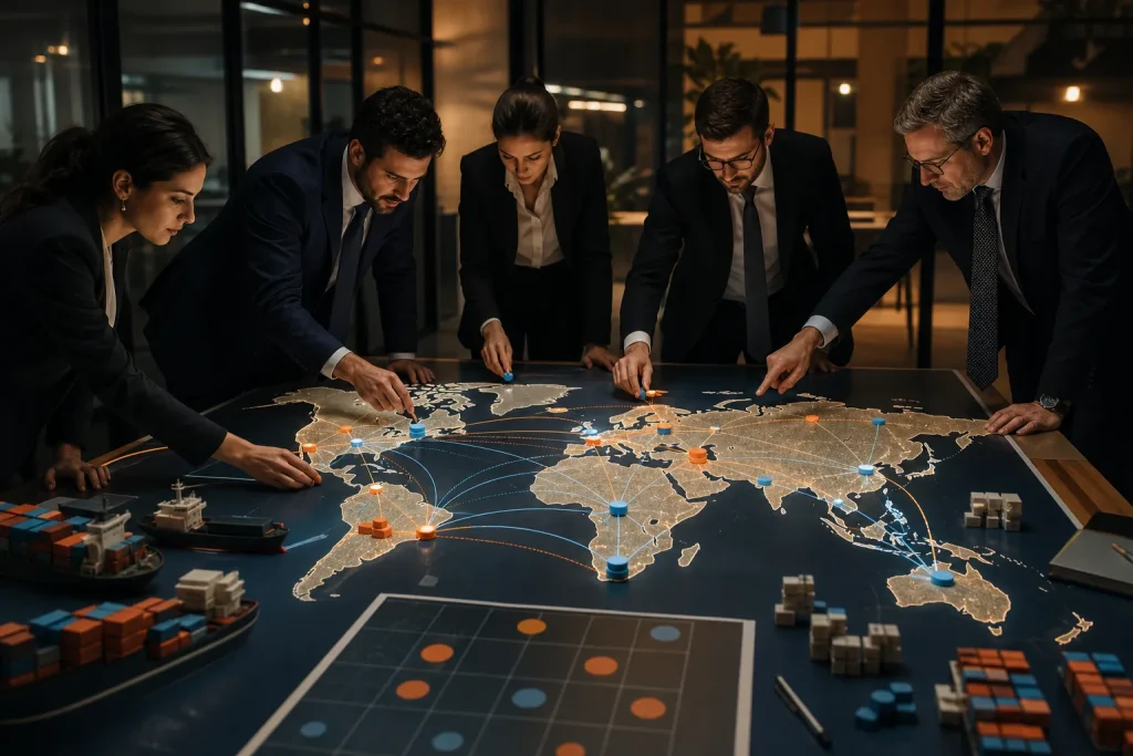 Equipo exportador seleccionando mercados y rutas para internacionalizar un negocio