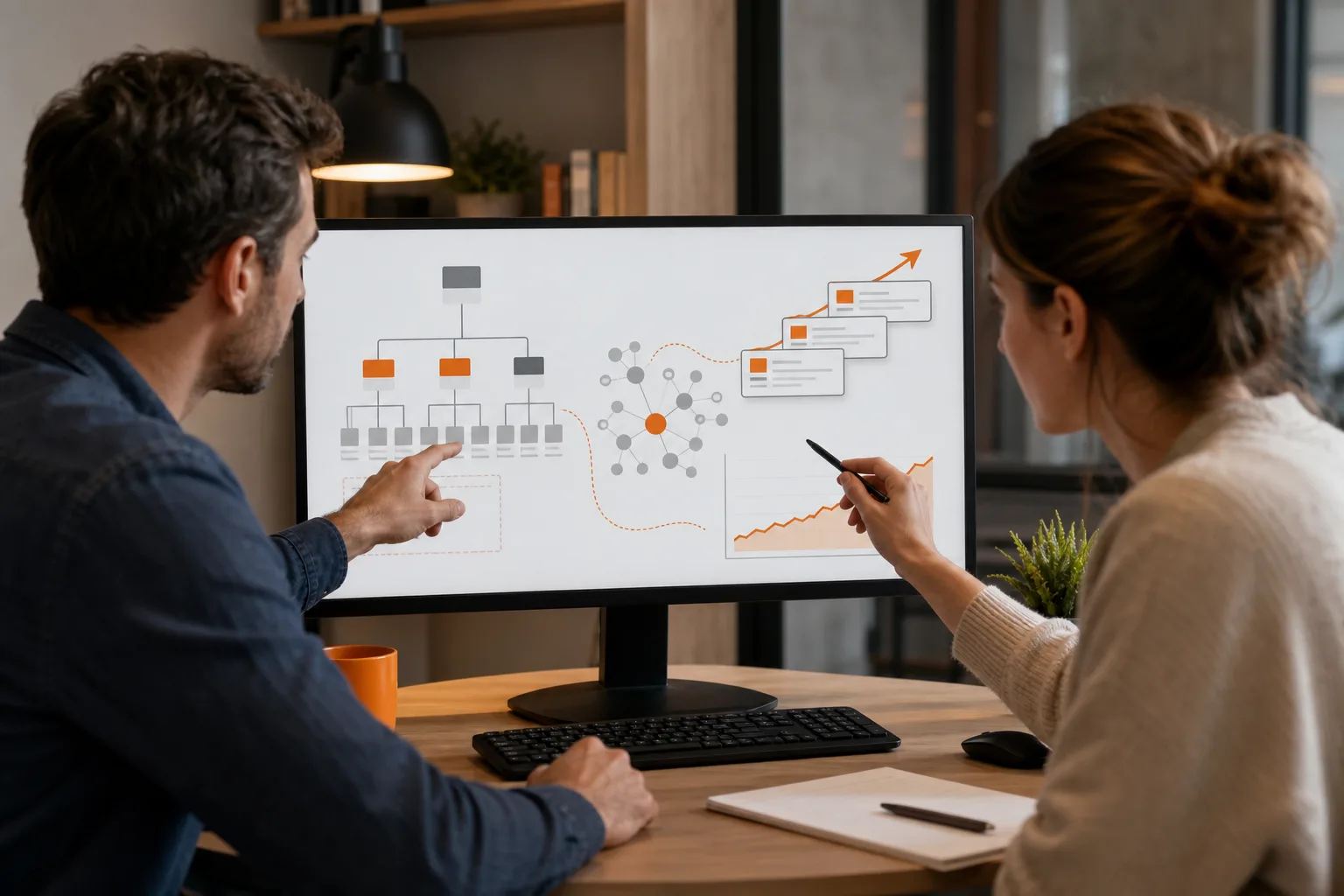 Emprendedores optimizando la estructura, los enlaces y la visibilidad de una web