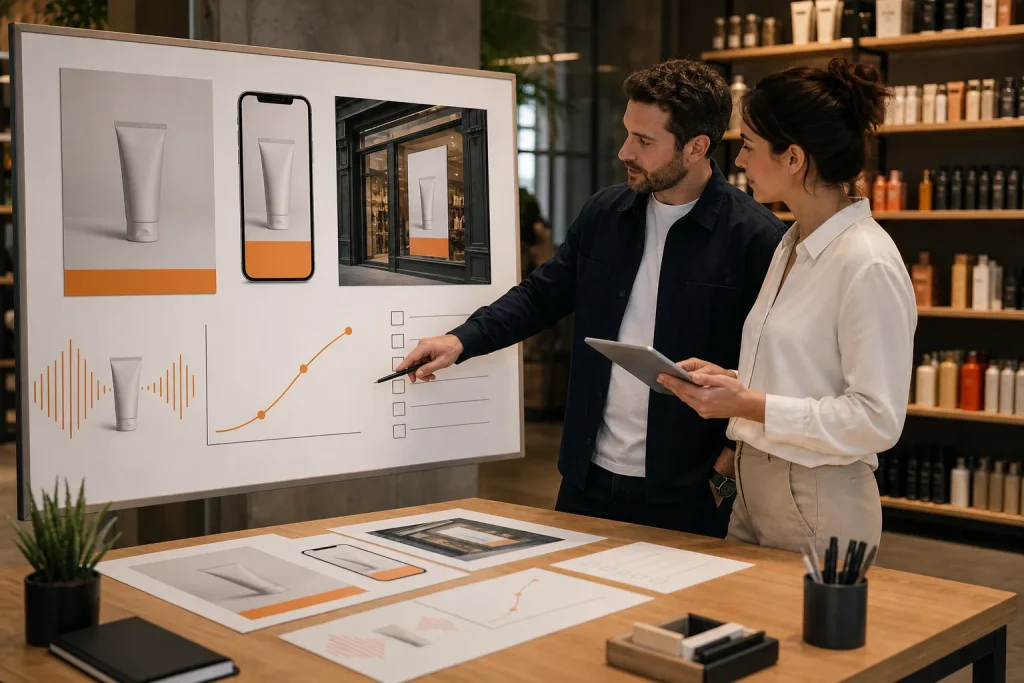 Profesionales revisando una campaña publicitaria para varios medios comerciales