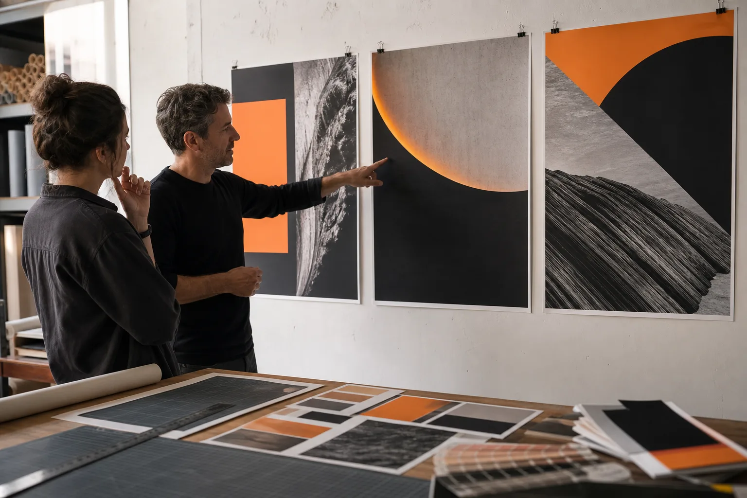 Diseñadores evaluando composición, contraste y jerarquía visual de varios carteles