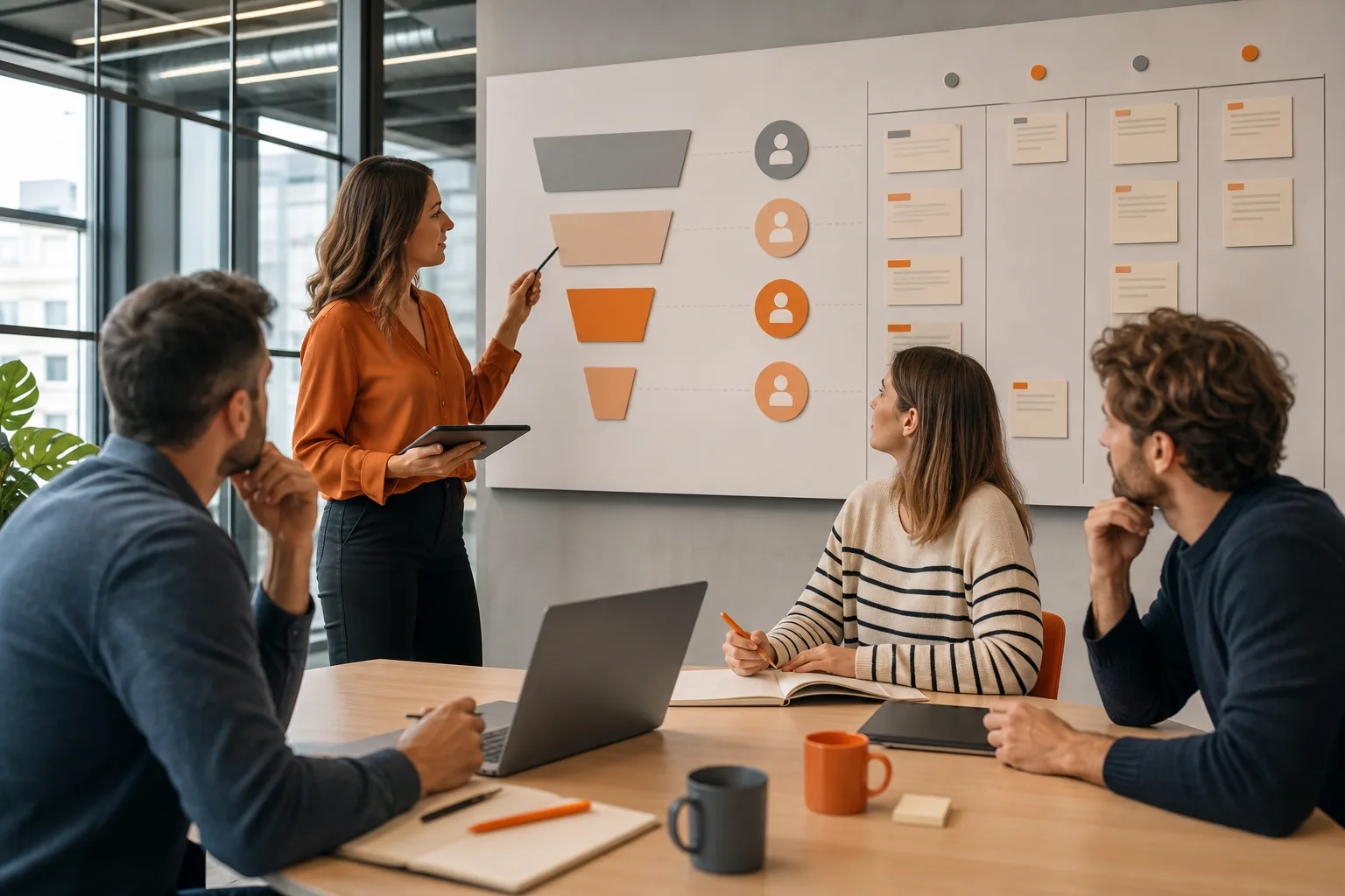 Equipo comercial conectando el recorrido del cliente con un plan ágil de proyecto digital