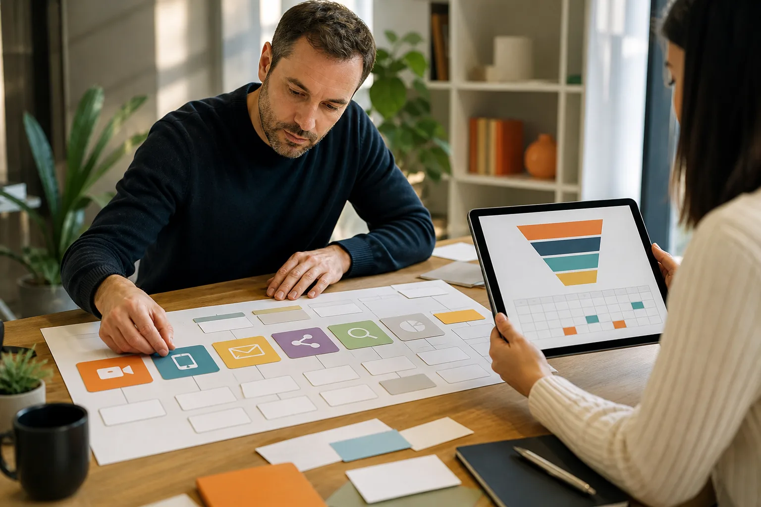 Profesionales organizando canales, calendario y conversión de un plan de marketing digital