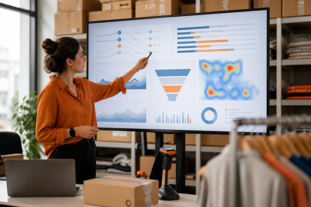Analista de comercio interpretando métricas, embudos y mapas de actividad web