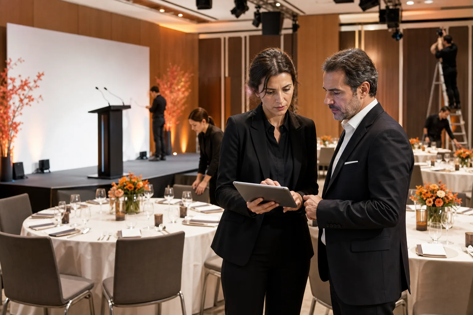 Coordinadores revisando el protocolo y la preparación de una sala para un evento corporativo