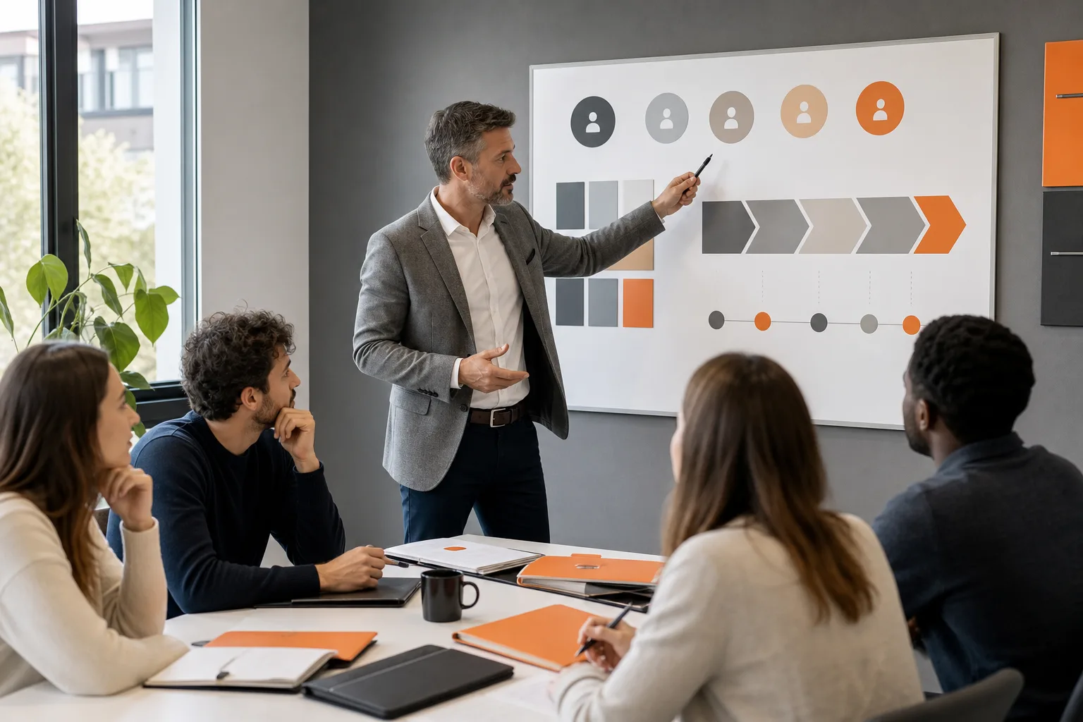 Director comercial formando a un equipo de ventas sobre funciones, clientes y progreso