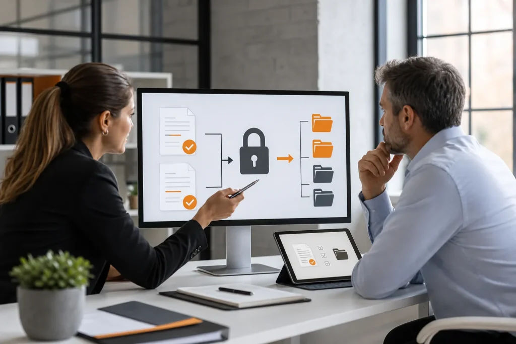 Profesionales revisando un flujo seguro de facturación electrónica y archivo digital