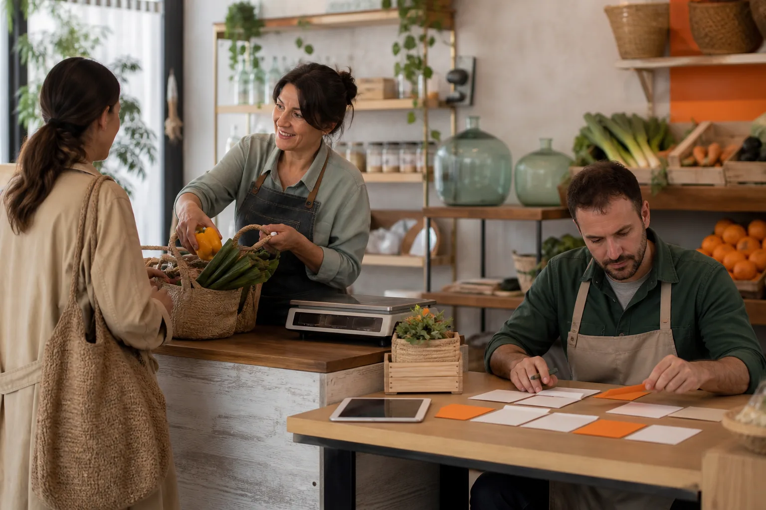 Equipo de una microempresa atendiendo a una clienta y preparando una acción comercial
