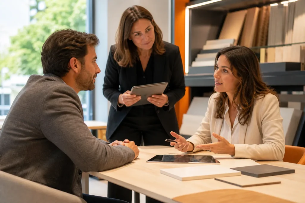 Profesionales practicando escucha activa y detección de necesidades en una entrevista comercial
