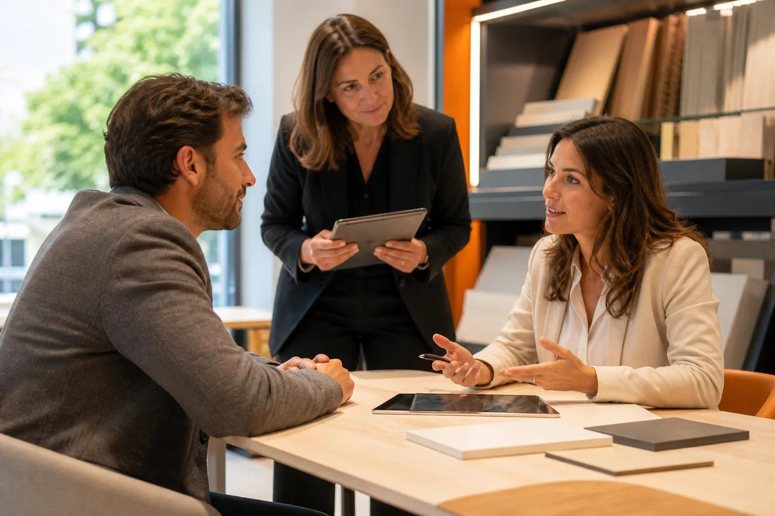 Profesionales practicando escucha activa y detección de necesidades en una entrevista comercial