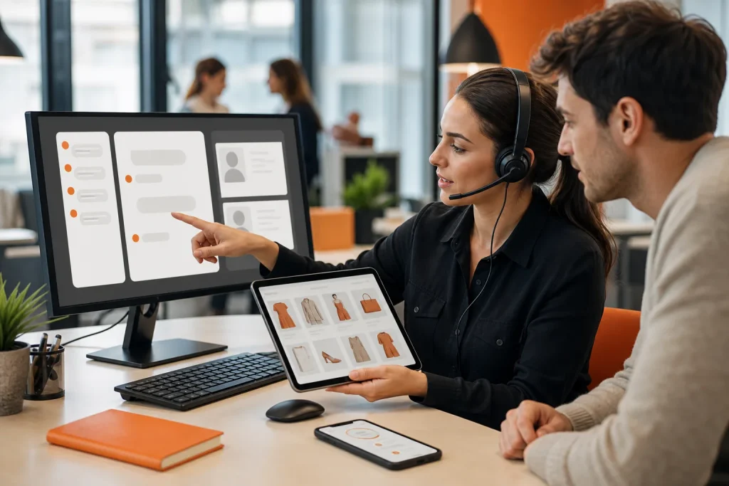 Especialistas usando chat, catálogo digital y dispositivos para atender a clientes
