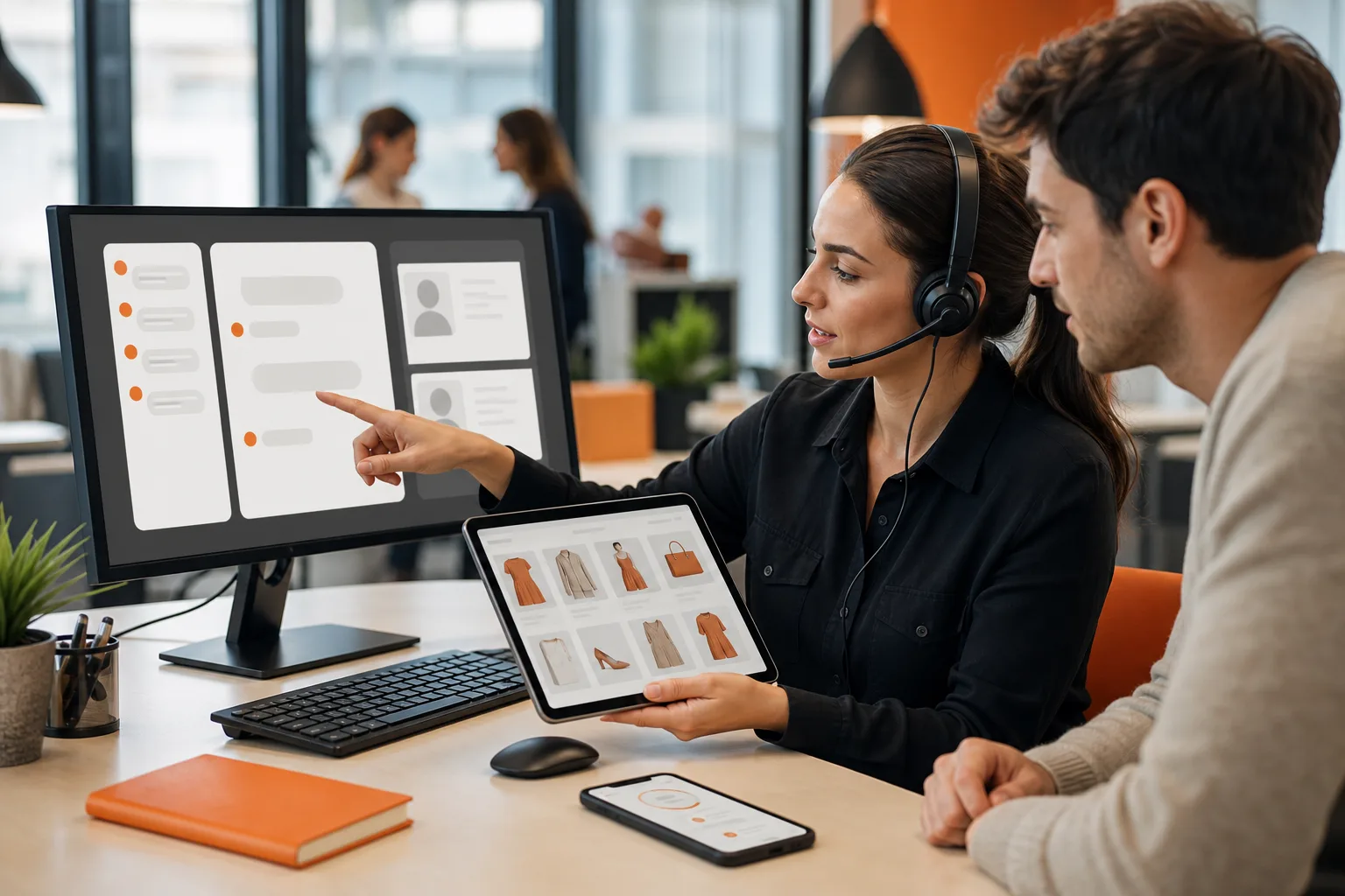 Especialistas usando chat, catálogo digital y dispositivos para atender a clientes