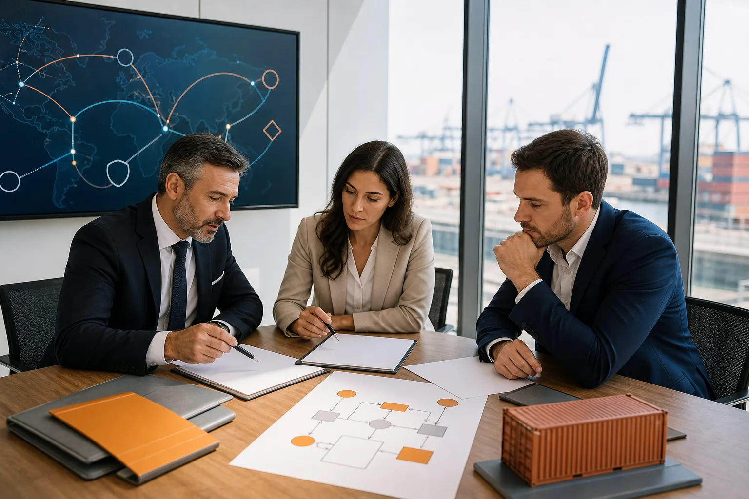 Especialistas revisando contratos, pagos y rutas de una operación de comercio exterior