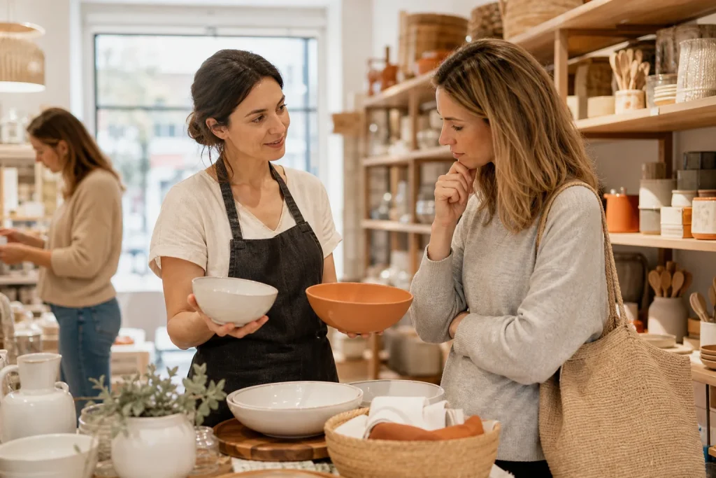 Comerciante observando las preferencias de una clienta para adaptar su propuesta de venta