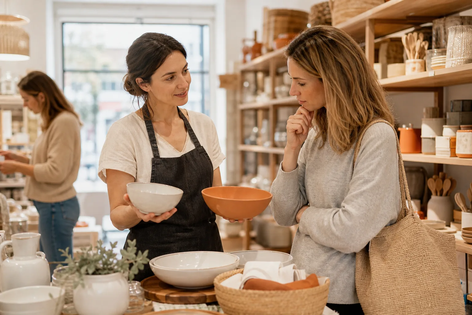 Comerciante observando las preferencias de una clienta para adaptar su propuesta de venta