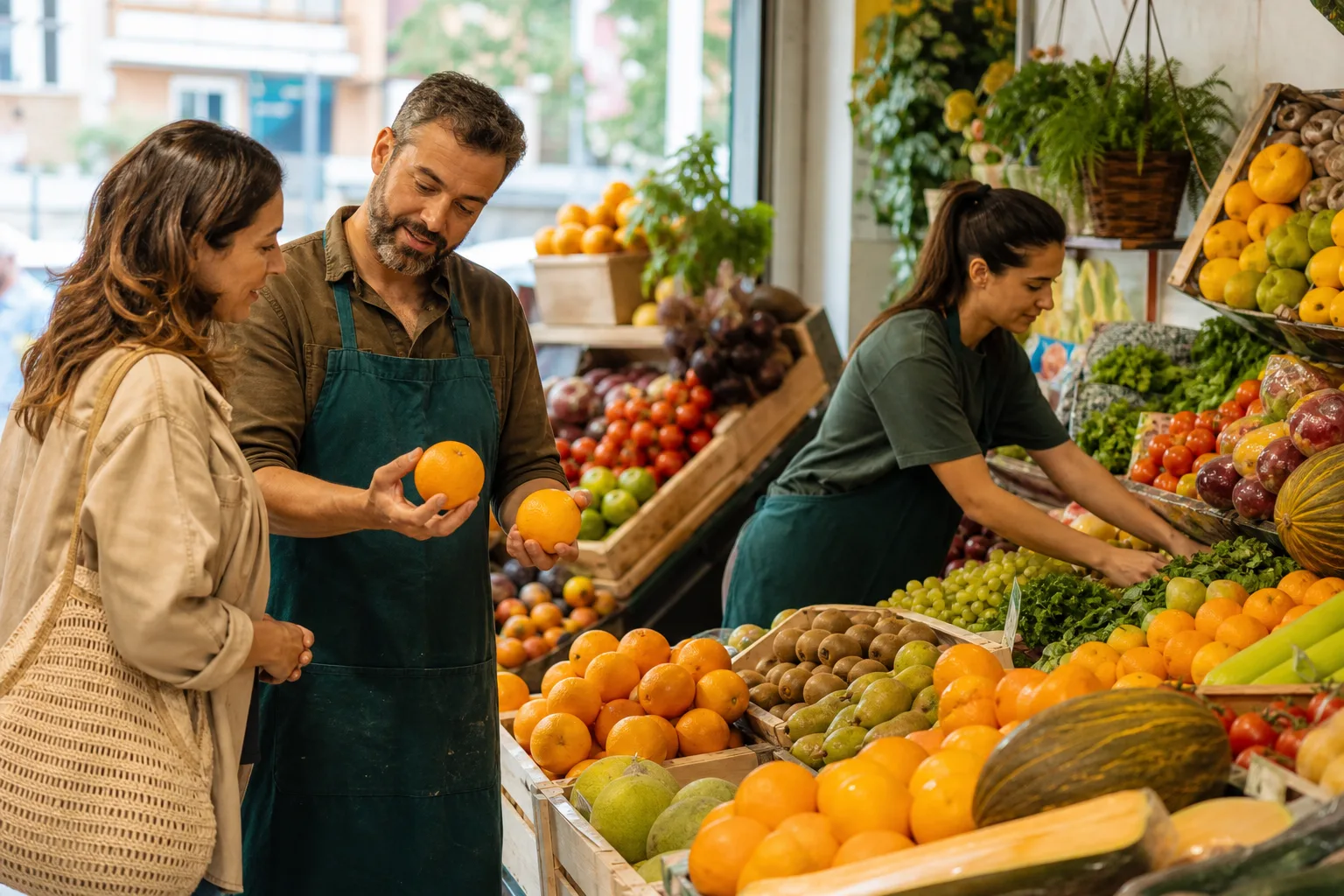 Frutero asesorando a una clienta y comprobando la calidad del producto fresco