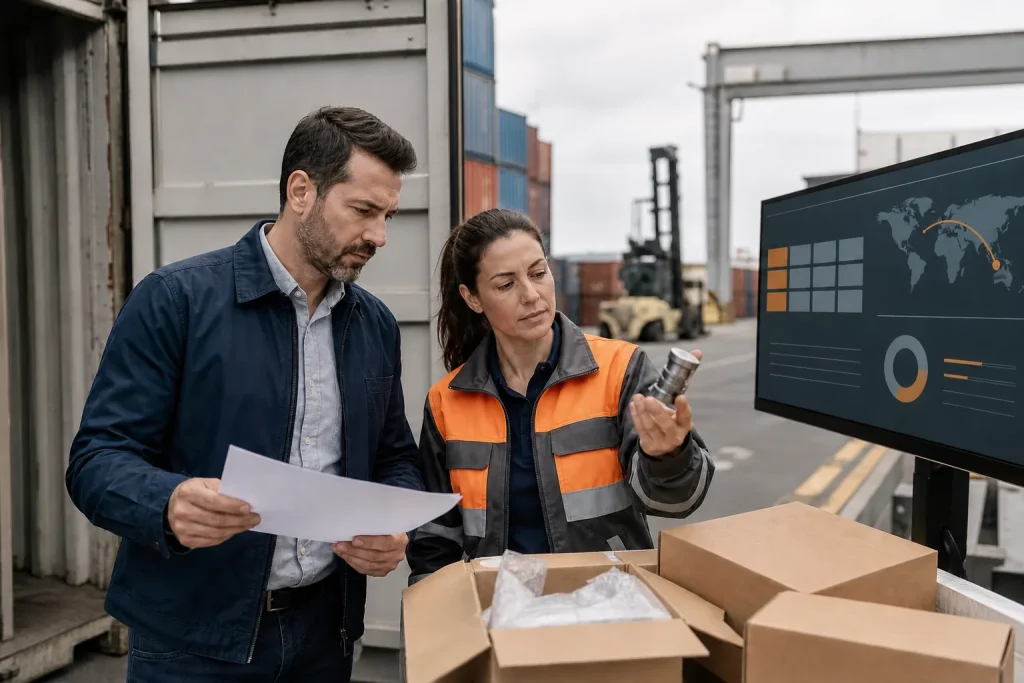 Especialistas inspeccionando mercancía y revisando su clasificación y valor aduanero