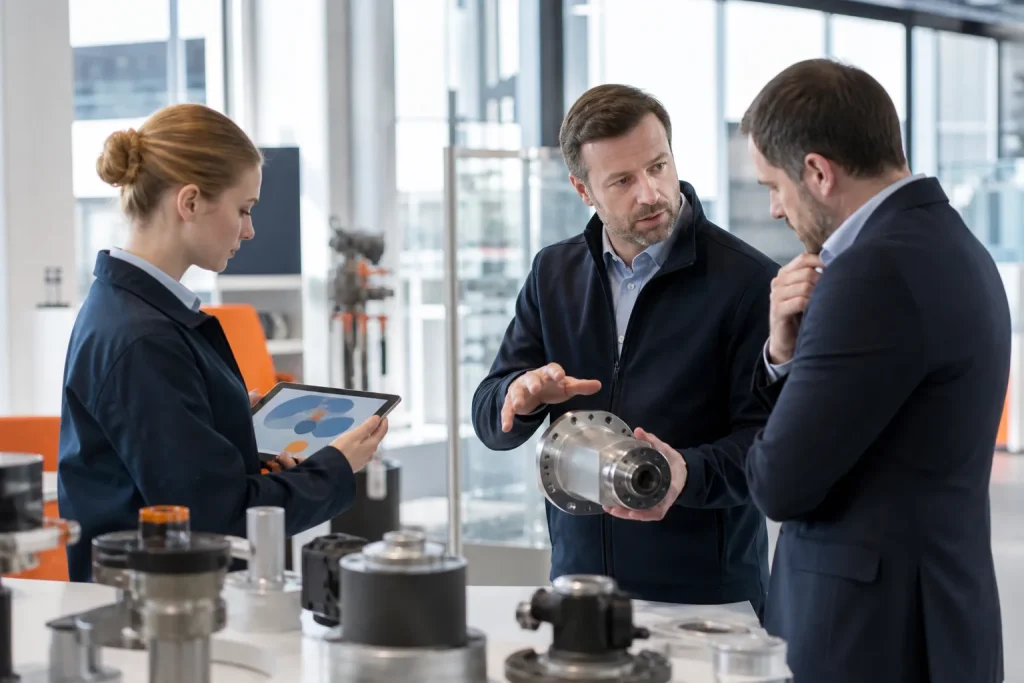 Ingeniero comercial demostrando un componente industrial durante una venta técnica