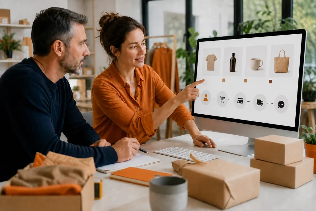 Especialistas recorriendo catálogo, pago, envío y soporte de una venta online