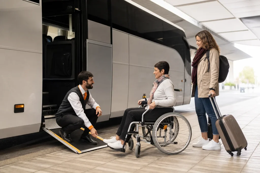 Profesional de transporte preparando una rampa accesible y atendiendo a una viajera en silla de ruedas