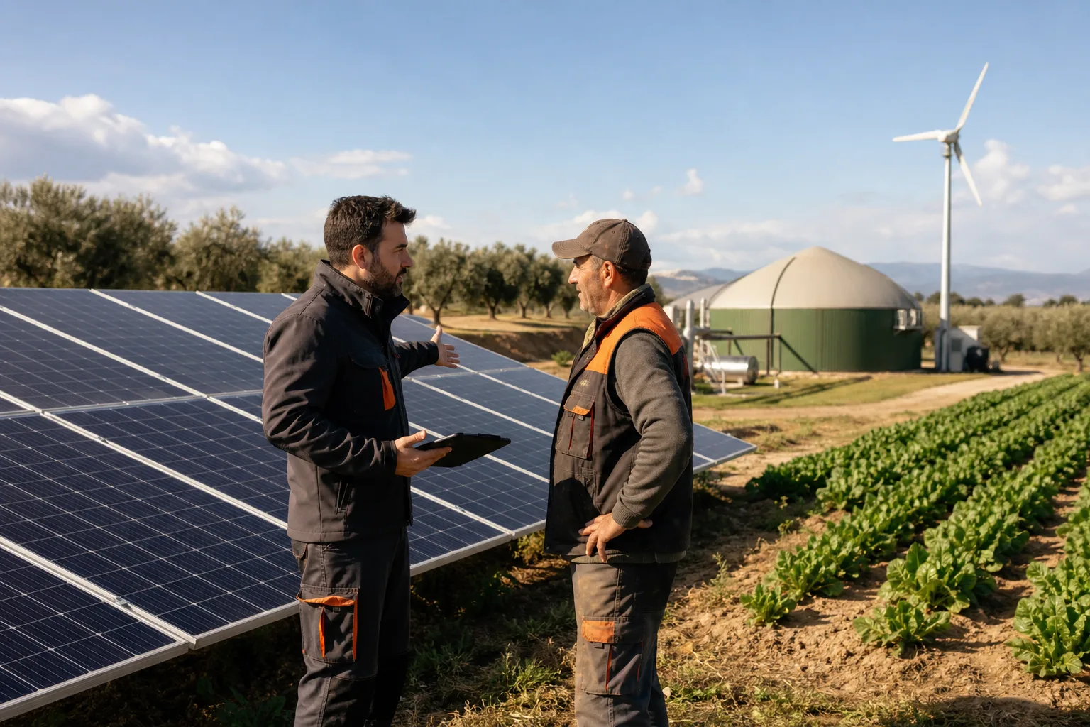 Especialista y agricultor revisando energías renovables junto a paneles solares en una explotación agraria