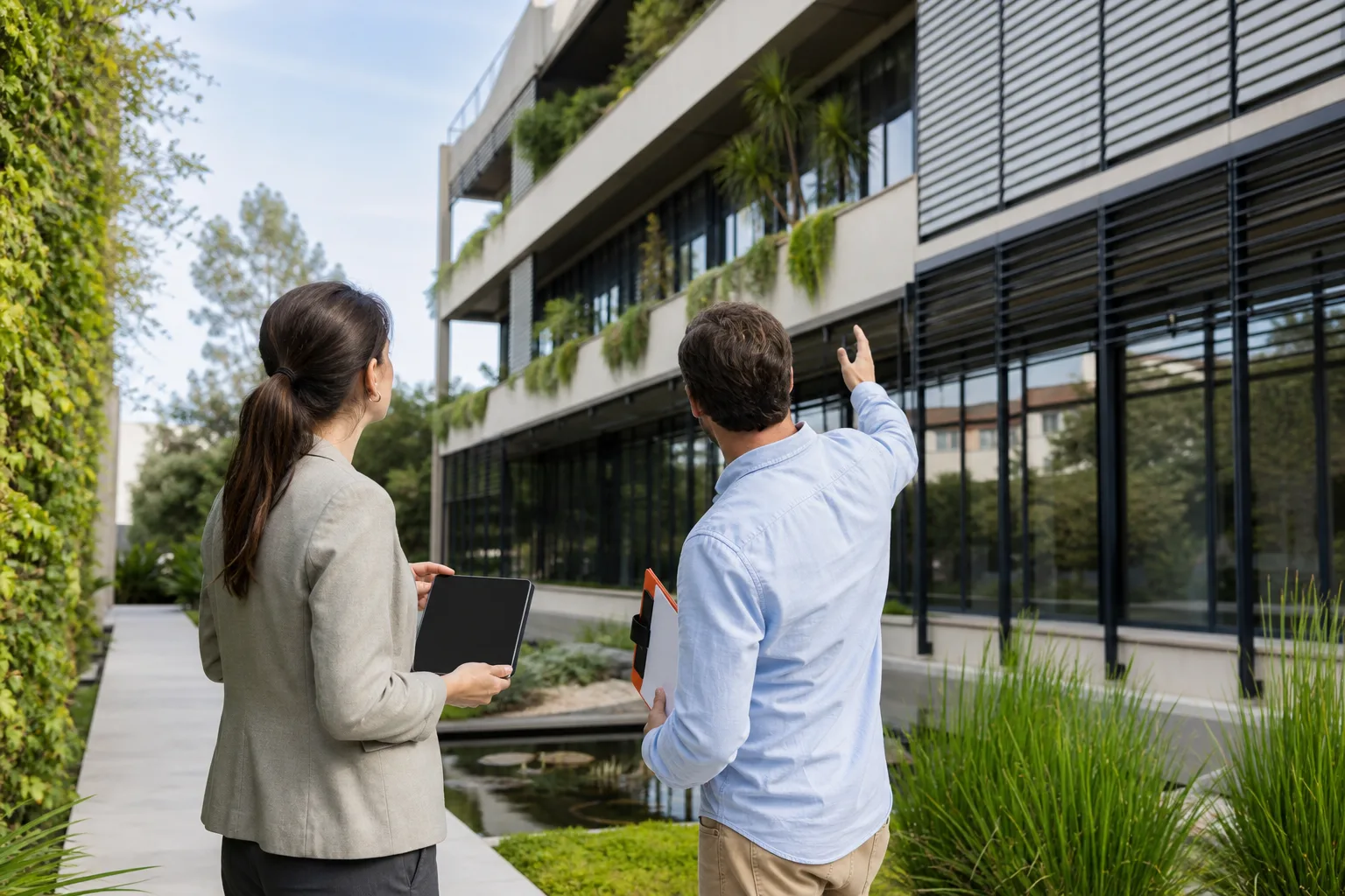 Especialistas evaluando la sostenibilidad ambiental de un edificio con vegetación integrada