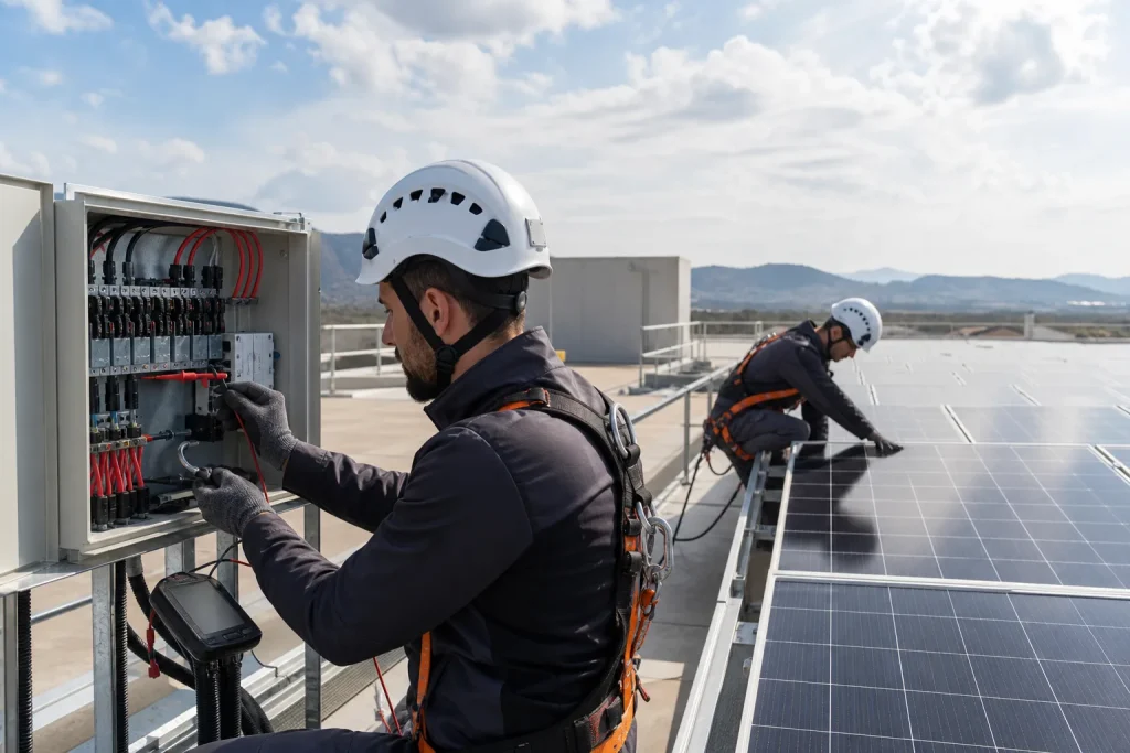 Técnicos realizando mantenimiento eléctrico en una instalación solar fotovoltaica
