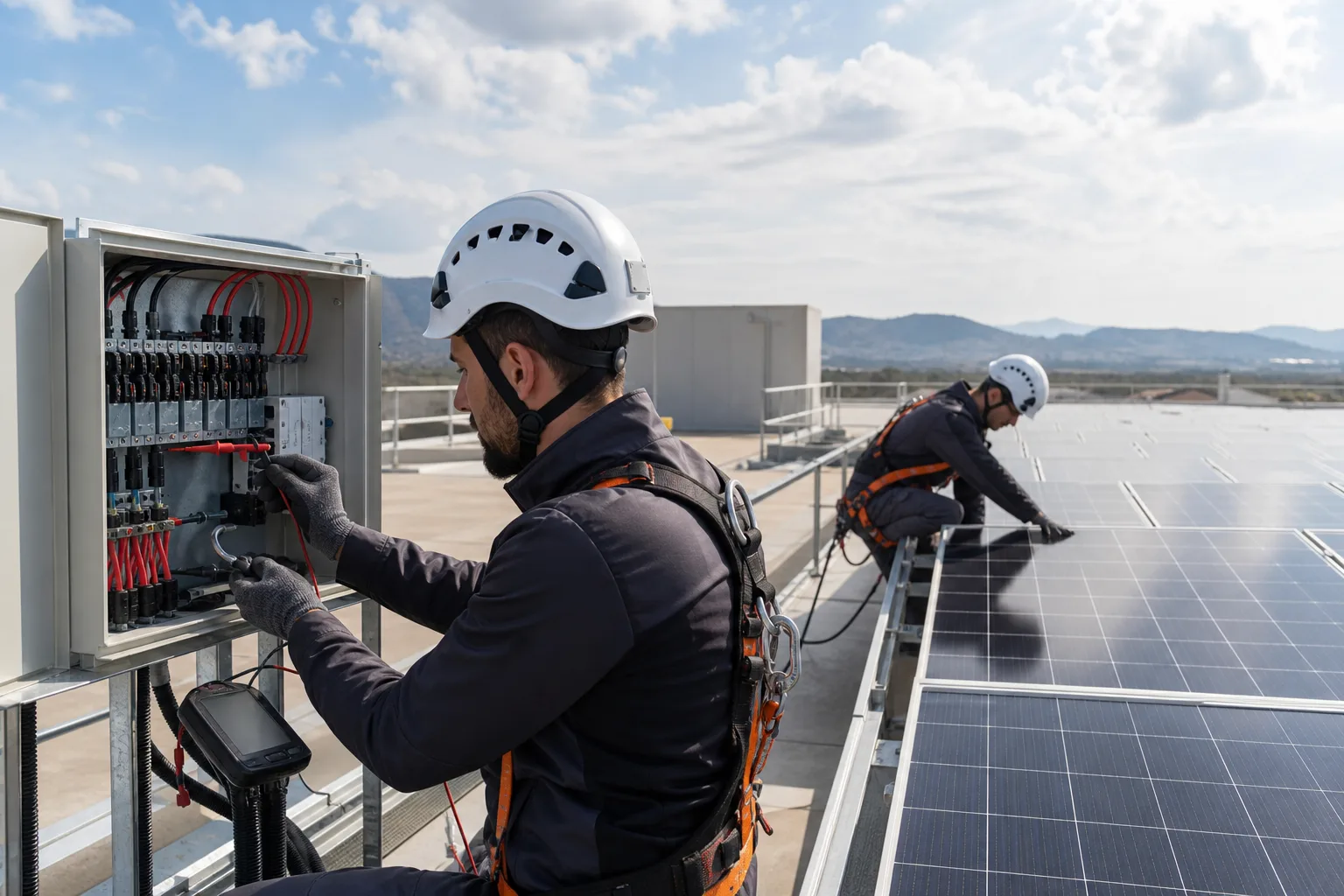 Técnicos realizando mantenimiento eléctrico en una instalación solar fotovoltaica