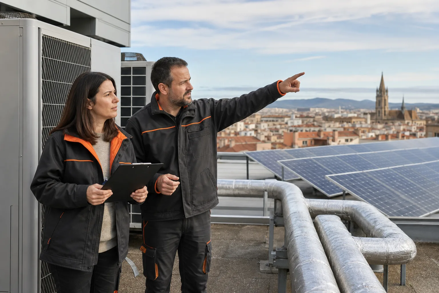 Gestores energéticos revisando sistemas renovables y eficiencia en la cubierta de un edificio