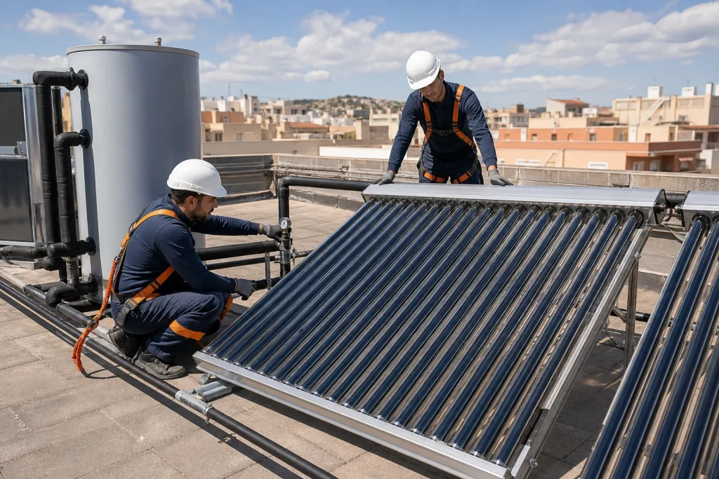 Técnicos inspeccionando captadores y tuberías de una instalación solar térmica