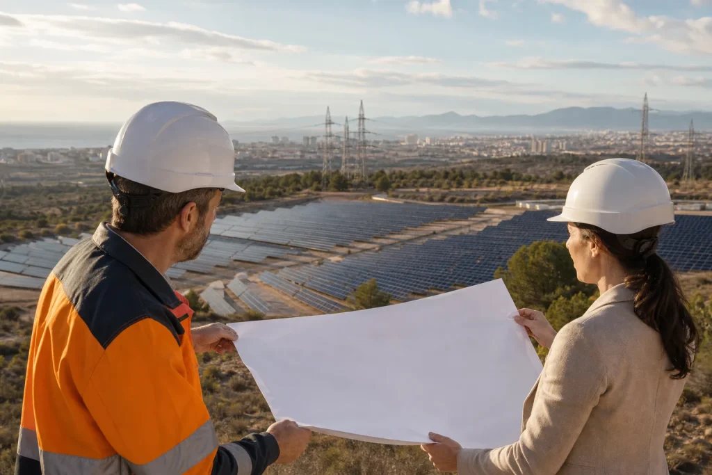 Profesionales analizando una planta solar integrada en el sistema energético actual