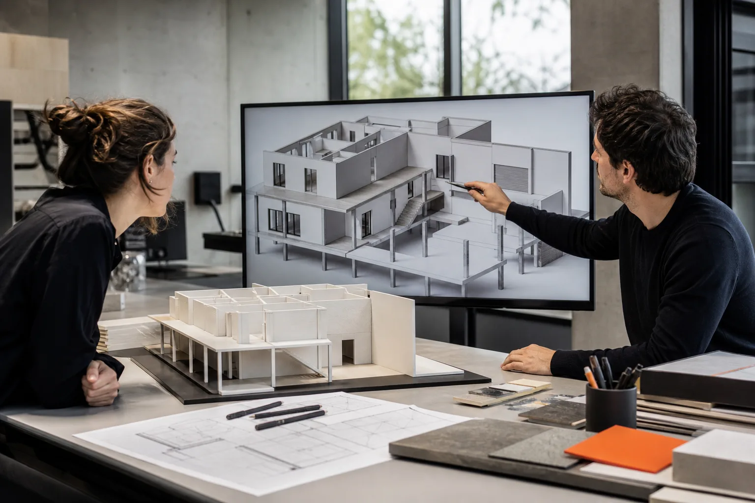 Arquitectos colaborando con un modelo tridimensional de edificio en un entorno BIM